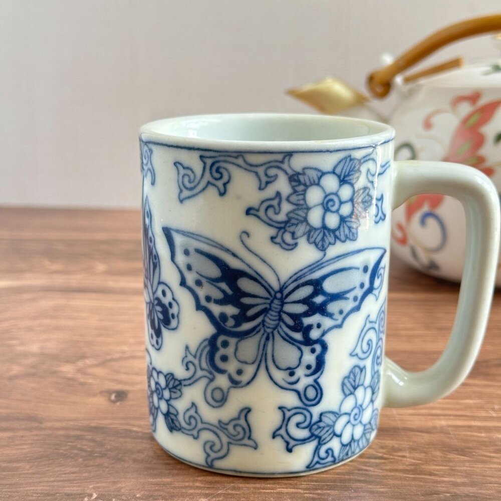Vintage Blue and White Butterfly Mug, Made in China, Asian-Inspired Ceramic